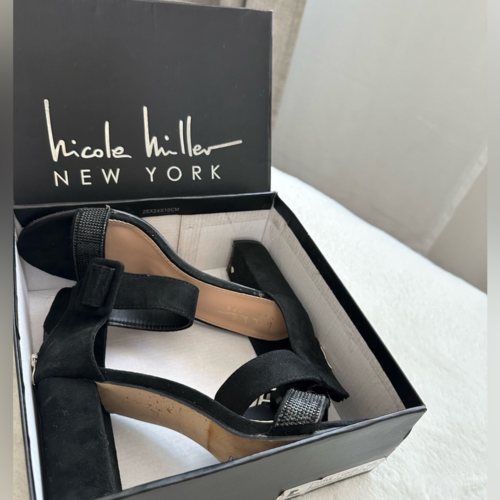 Nicole Miller Black Velvet Heels – Rhinestone Strap, Block Heel – Size 10